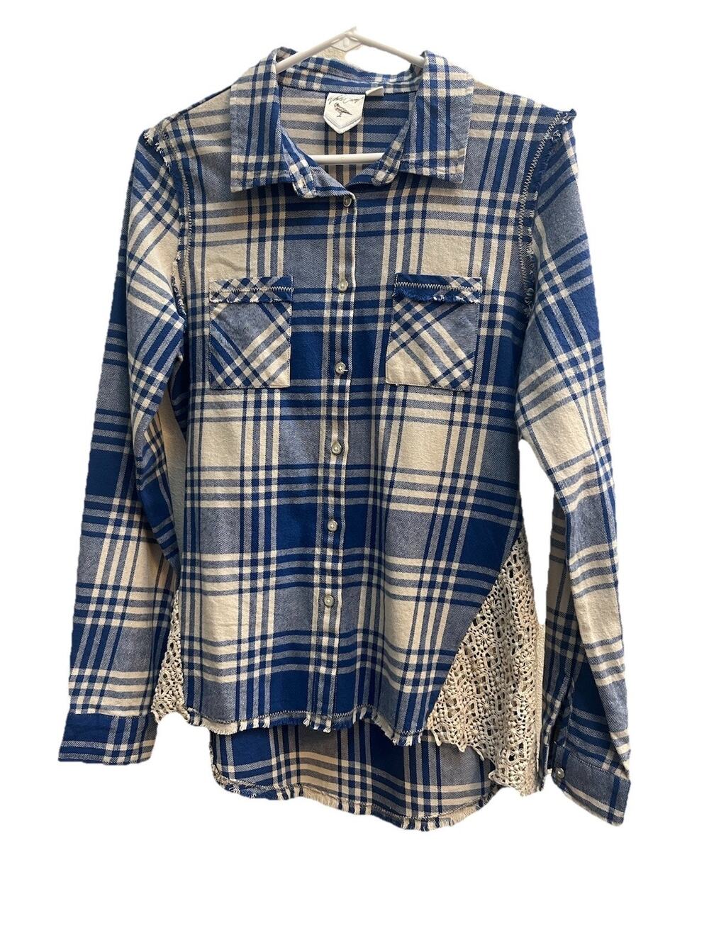 White Crow Women S Blue Plaid Flannel Shirt Crochet Lace Raw Hem Western Boho